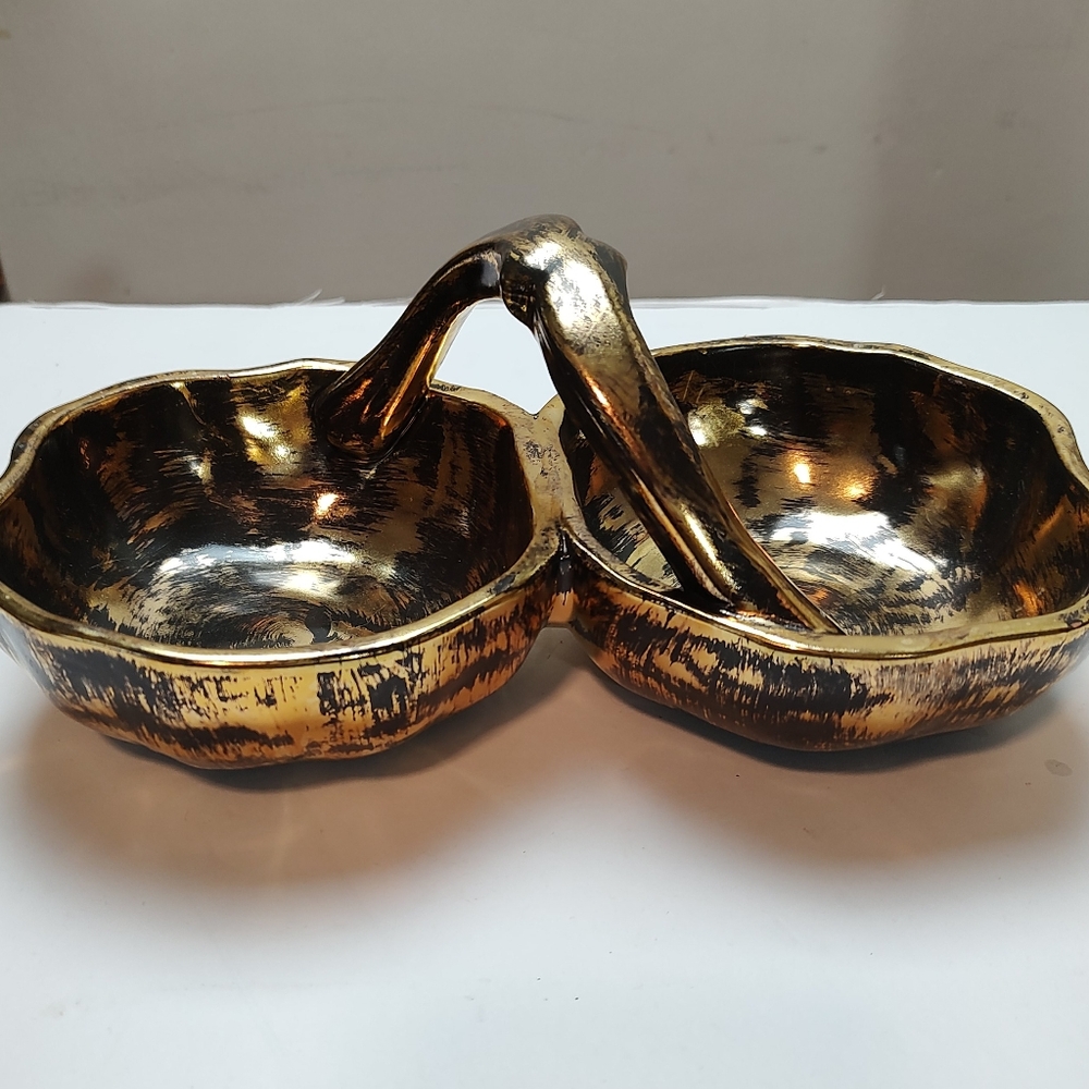STANGL Pottery Black  Gold Double Nut Candy Bowl Dish, #3784, Vintage